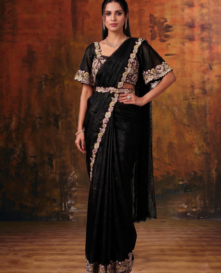 27121 - Metal Black Embroidered Wedding Party Designer Saree